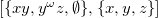 left bracket StartSet x y comma y Superscript omega Baseline z comma normal empty set EndSet comma StartSet x comma y comma z EndSet right bracket