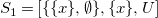 upper S 1 equals left bracket StartSet StartSet x EndSet comma normal empty set EndSet comma StartSet x EndSet comma upper U right bracket