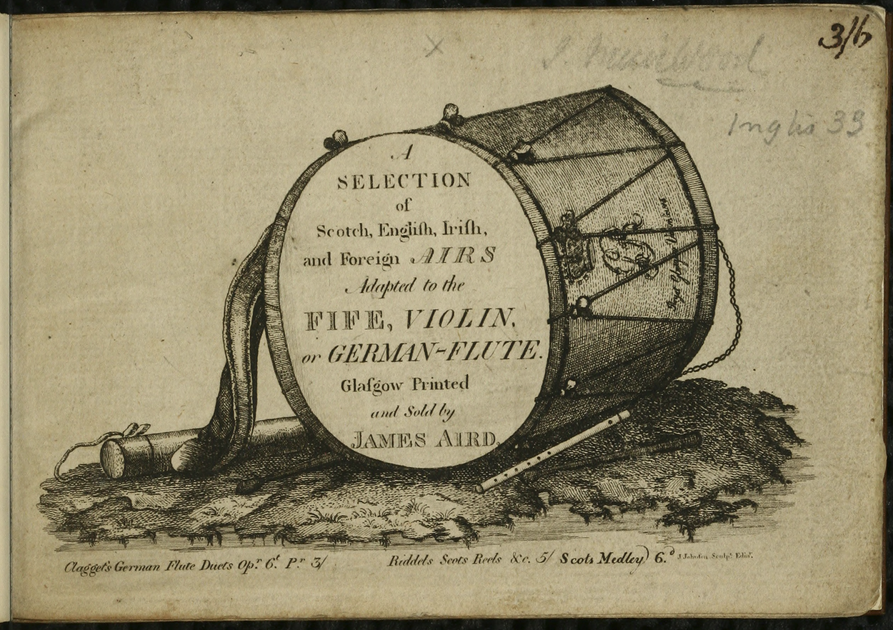Photo of an 18th-century music book title page featuring a drum with publication details and a fife, referencing Scottish, English, Irish, and foreign airs for fife, violin, or German flute. See long description.