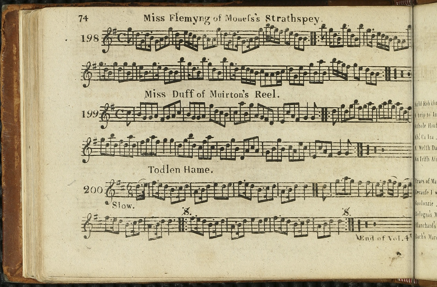 A scanned page of sheet music showing three distinct musical pieces with titles and numbered staves, each containing treble clef notation and tempo markings. See long description.