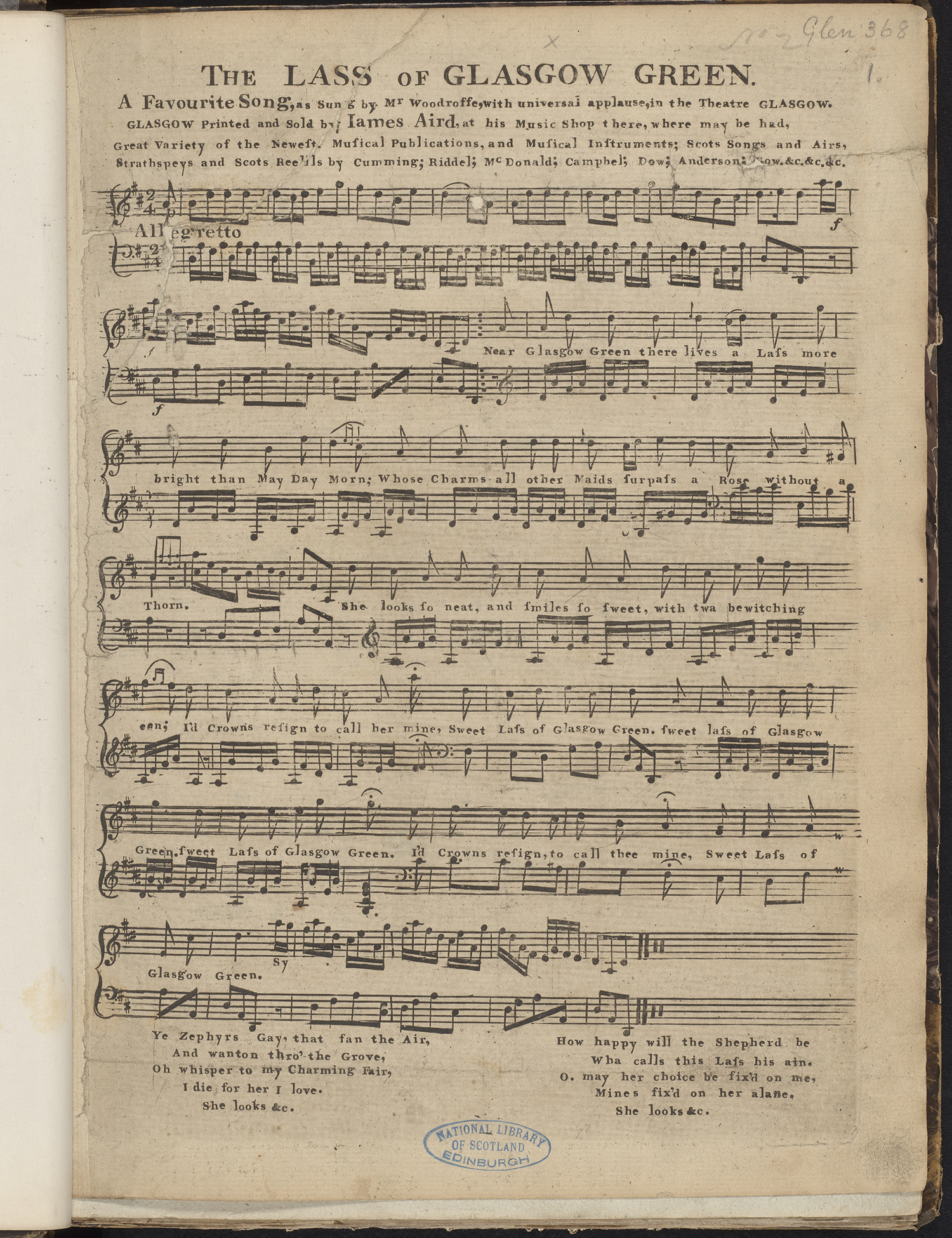A historical sheet music page for The Lass of Glasgow Green with musical notation, lyrics, and publication details arranged from top to bottom. See long description.