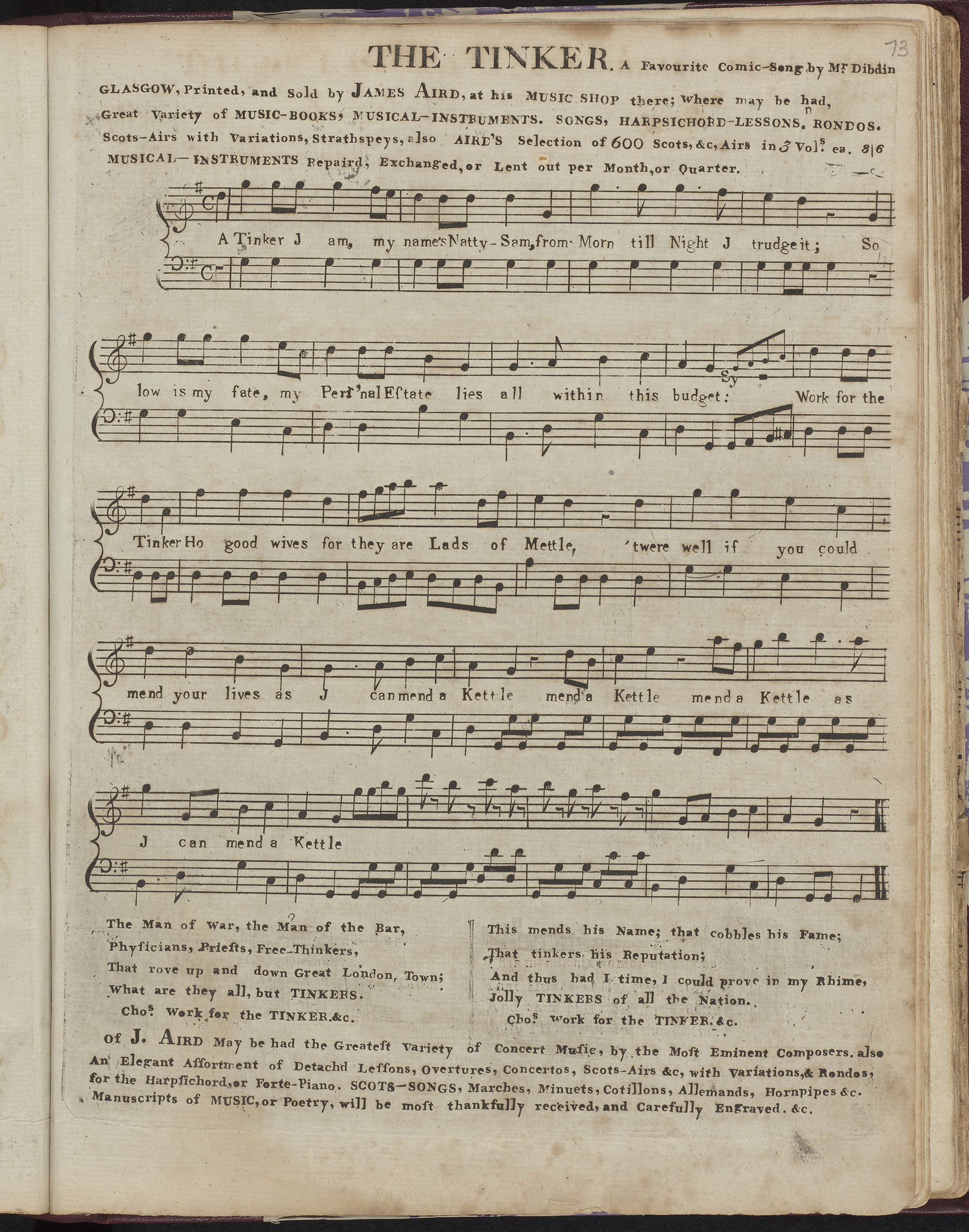 Sheet music page for ‘The Tinker’ with musical notation, lyrics, and additional prose text below. See long description.