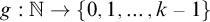 g colon double struck upper N right arrow StartSet 0 comma 1 comma ellipsis comma k minus 1 EndSet