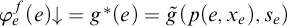 phi Subscript e Superscript f Baseline left parenthesis e right parenthesis down arrow equals g Superscript asterisk Baseline left parenthesis e right parenthesis equals ModifyingAbove g With tilde left parenthesis p left parenthesis e comma x Subscript e Baseline right parenthesis comma s Subscript e Baseline right parenthesis