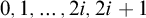 0 comma 1 comma ellipsis comma 2 i comma 2 i plus 1