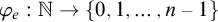 phi Subscript e Baseline colon double struck upper N right arrow StartSet 0 comma 1 comma ellipsis comma n minus 1 EndSet