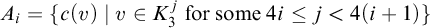 upper A Subscript i Baseline equals StartSet c left parenthesis v right parenthesis vertical bar v element of upper K 3 Superscript j Baseline for some 4 i less than or equals j less than 4 left parenthesis i plus 1 right parenthesis EndSet