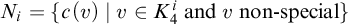 upper N Subscript i Baseline equals StartSet c left parenthesis v right parenthesis vertical bar v element of upper K 4 Superscript i Baseline and v non minus special EndSet