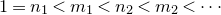 1 equals n 1 less than m 1 less than n 2 less than m 2 less than midline horizontal ellipsis