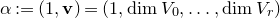 alpha colon equals left parenthesis 1 comma bold v right parenthesis equals left parenthesis 1 comma dimension upper V 0 comma ellipsis comma dimension upper V Subscript r Baseline right parenthesis