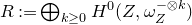 upper R colon equals circled plus Underscript k greater than or equals 0 Endscripts upper H Superscript 0 Baseline left parenthesis upper Z comma omega Subscript upper Z Superscript minus circled times k Baseline right parenthesis
