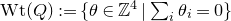 upper W t left parenthesis upper Q right parenthesis colon equals StartSet theta element of double struck upper Z Superscript 4 Baseline vertical bar sigma summation Underscript i Endscripts theta Subscript i Baseline equals 0 EndSet