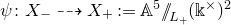 psi colon upper X Subscript minus Baseline right dashed arrow upper X Subscript plus Baseline colon equals double struck upper A Superscript 5 Baseline slash slash Subscript upper L Sub Subscript plus Subscript Baseline left parenthesis double struck k Superscript times Baseline right parenthesis squared