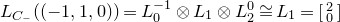 upper L Subscript upper C Sub Subscript minus Baseline left parenthesis left parenthesis negative 1 comma 1 comma 0 right parenthesis right parenthesis equals upper L 0 Superscript negative 1 Baseline circled times upper L 1 approximately equals upper L 1 equals StartBinomialOrMatrix 2 Choose 0 EndBinomialOrMatrix