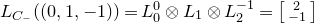 upper L Subscript upper C Sub Subscript minus Baseline left parenthesis left parenthesis 0 comma 1 comma negative 1 right parenthesis right parenthesis equals upper L 1 circled times upper L 2 Superscript negative 1 Baseline equals StartBinomialOrMatrix 2 Choose negative 1 EndBinomialOrMatrix