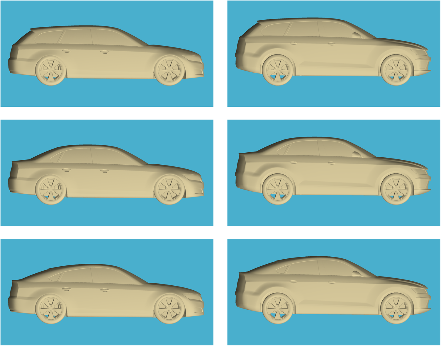 Six side-view S T L renders of vehicle models arranged in two columns. The left column shows three DrivAer body styles and the right column shows three corresponding Aero S U V body styles including estate, sedan, and fastback variants.