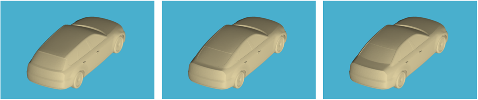 Three three-dimensional renderings of DrivAer car models. From left to right, the models show an estateback with a squared rear, a fastback with a continuous slope, and a notchback with a distinct trunk step.