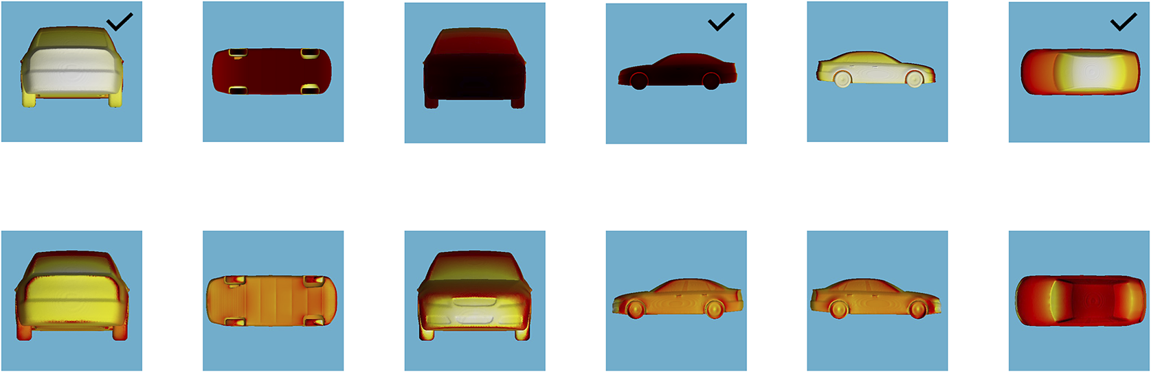 A twelve-panel grid showing normal distance and surface pressure coefficients for a DrivAer car geometry from various angles. See long description.