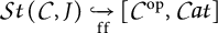 Script S t (C, J) hooked arrow with subscript f f to bracket C super o p, C a t bracket.