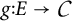 Mathematical expression g colon E arrow C representing a function g from set E to set C.