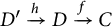 D prime maps to D via h, which then maps to C via f.