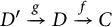 D prime maps to D via g, which then maps to C via f.