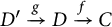 D prime arrow with g above it D arrow with f above it C