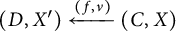 (C, X) maps to (D, X prime) via the function (f, v) indicated by a left-pointing arrow.