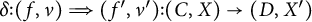delta : (f, v) implies (f prime, v prime) : (C, X) → (D, X prime)