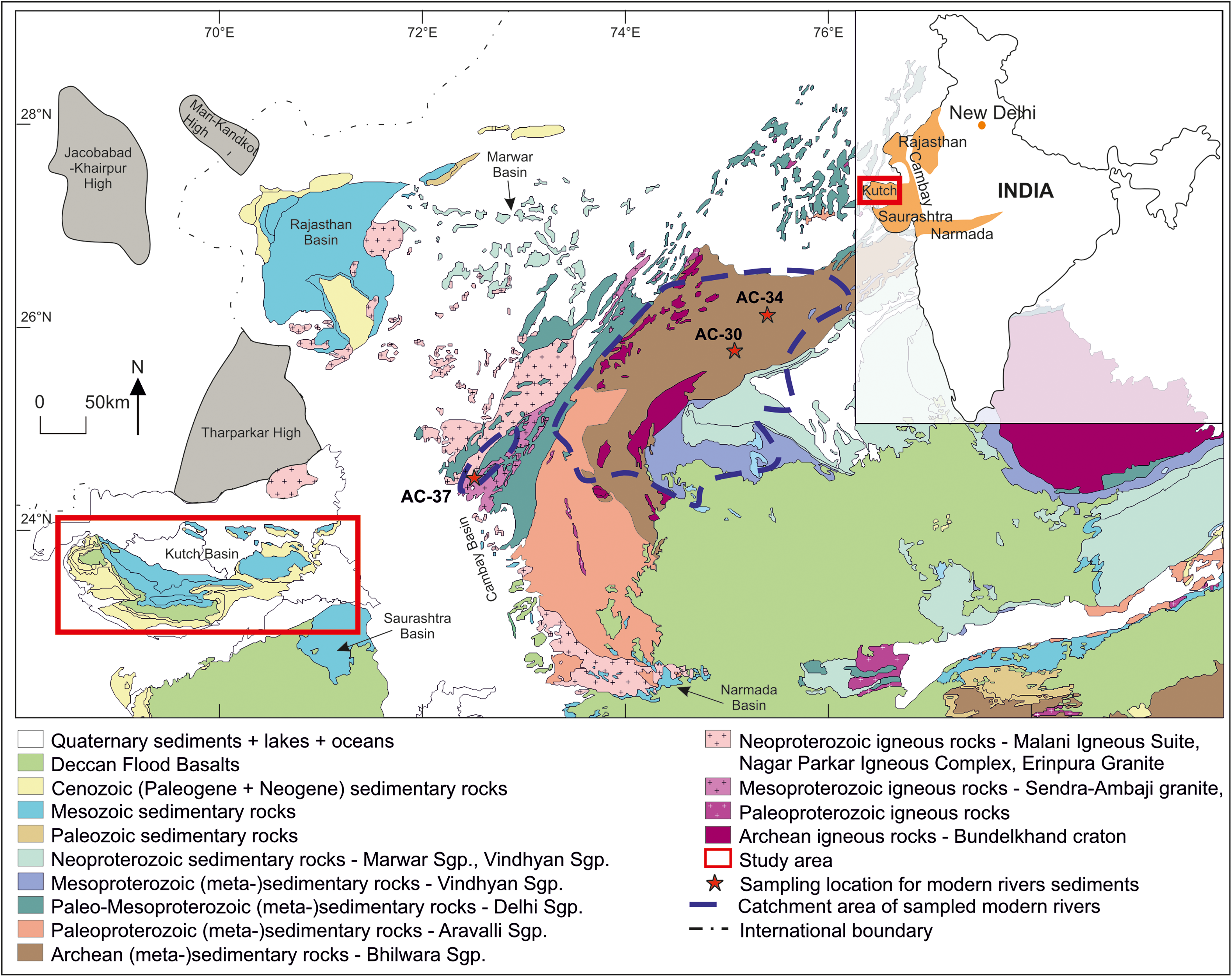 Geological map of India highlighting lithostratigraphic units and river catchment areas.