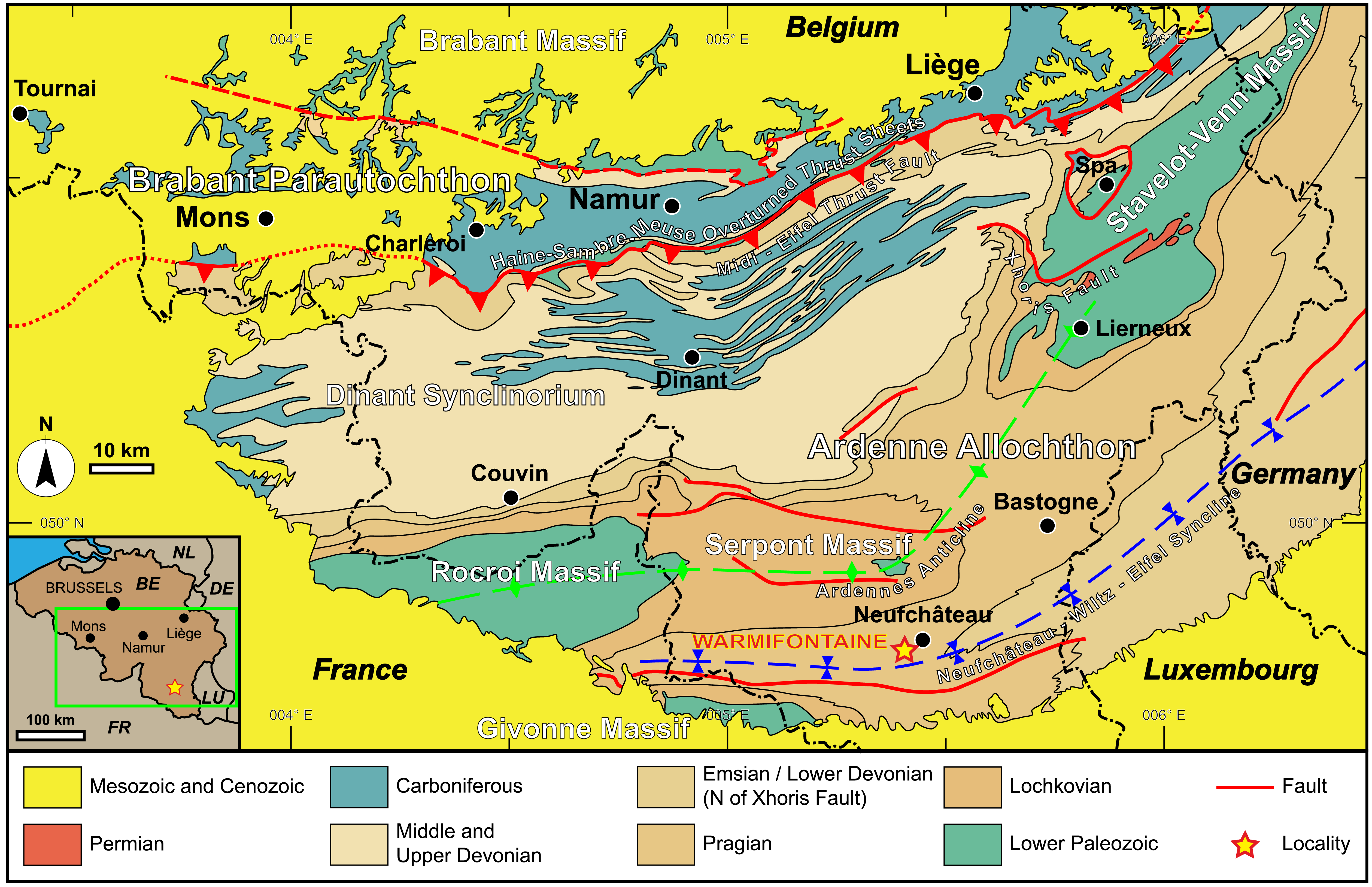 A geological map of southern Belgium and adjacent regions showing Palaeozoic formations and structural settings.