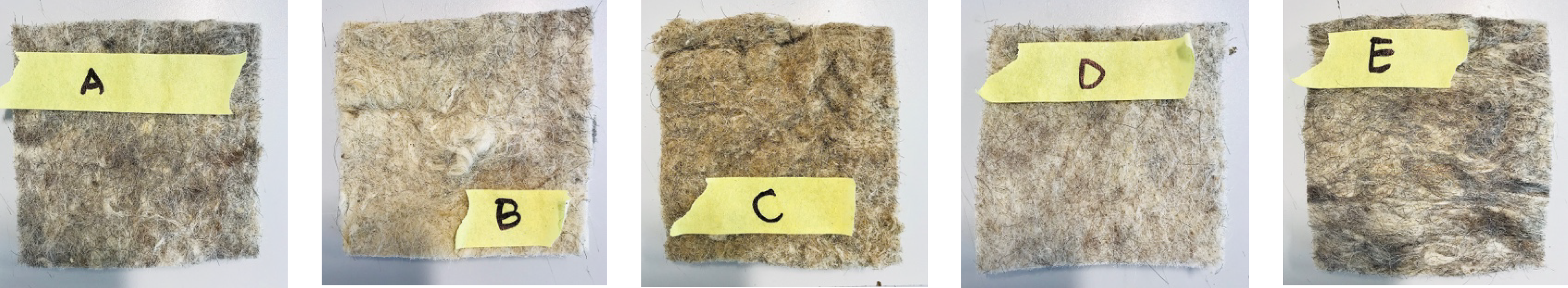 Five composite felt samples labeled A to E.