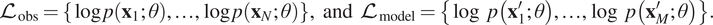 script upper L obs equals logpx 1 theta ellipsis logpxN theta comma and script upper L model equals logpx 1 prime theta ellipsis logpxM prime theta period