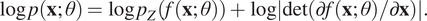 logpx theta equals logpZfx theta plus logdet partial differential fx theta slash partial differential x period