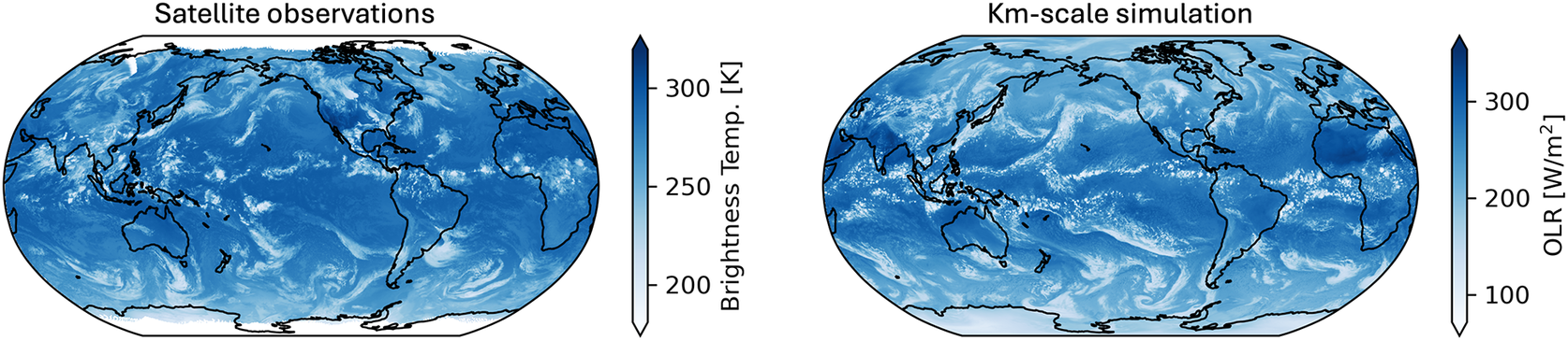 Two side-by-side global maps comparing satellite observations of brightness temperature with a kilometer-scale simulation of outgoing longwave radiation. See long description.