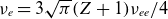 nu Subscript e Baseline equals 3 StartRoot pi EndRoot left parenthesis upper Z plus 1 right parenthesis nu Subscript e e Baseline divided by 4