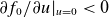 partial differential f 0 divided by partial differential u vertical bar Subscript u equals 0 Baseline less than 0