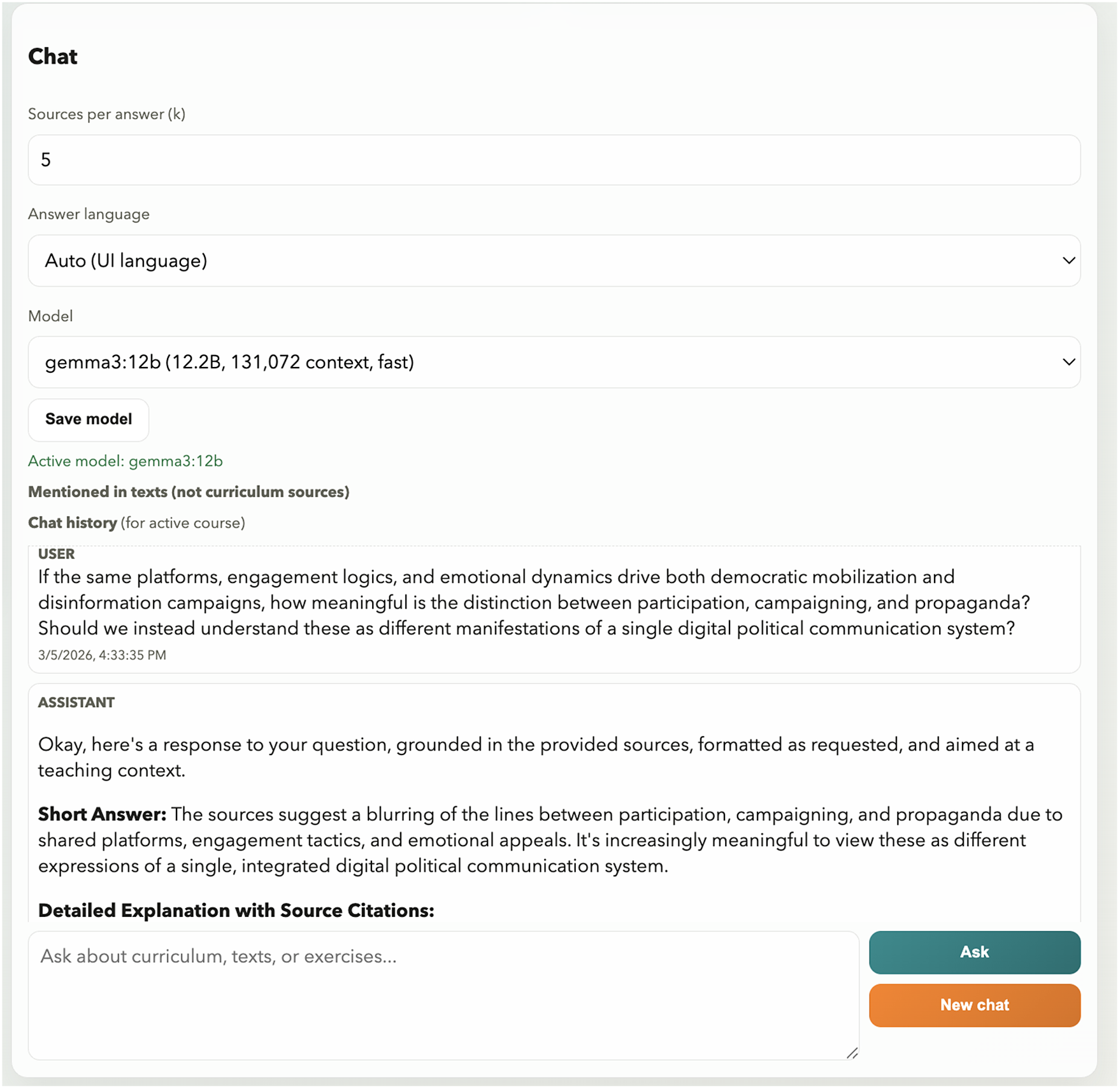 Screenshot of RUCAI’s “Create student” chat window form, showing prompt review, naming, password, and publication controls. See long description.