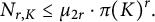 upper N Subscript r comma upper K Baseline less than or equals mu Subscript 2 r Baseline dot pi left parenthesis upper K right parenthesis Superscript r Baseline period