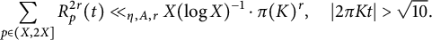 sigma summation Underscript StartLayout 1st Row p element of left parenthesis upper X comma 2 upper X right bracket EndLayout Endscripts upper R Subscript p Superscript 2 r Baseline left parenthesis t right parenthesis much less than Subscript eta comma upper A comma r Baseline upper X left parenthesis log upper X right parenthesis Superscript negative 1 Baseline dot pi left parenthesis upper K right parenthesis Superscript r Baseline comma StartAbsoluteValue 2 pi upper K t EndAbsoluteValue greater than StartRoot 10 EndRoot period