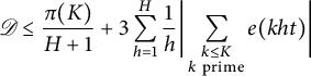 script upper D less than or equals StartFraction pi left parenthesis upper K right parenthesis Over upper H plus 1 EndFraction plus 3 sigma summation Underscript h equals 1 Overscript upper H Endscripts StartFraction 1 Over h EndFraction StartAbsoluteValue sigma summation Underscript StartLayout 1st Row k less than or equals upper K 2nd Row k prime EndLayout Endscripts e left parenthesis k h t right parenthesis EndAbsoluteValue