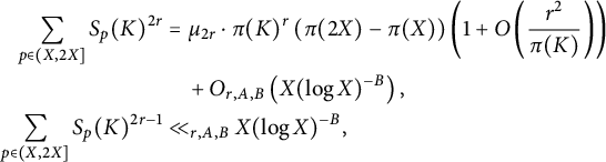 StartLayout 1st Row 1st Column sigma summation Underscript p element of left parenthesis upper X comma 2 upper X right bracket Endscripts upper S Subscript p Baseline left parenthesis upper K right parenthesis Superscript 2 r 2nd Column equals mu Subscript 2 r Baseline dot pi left parenthesis upper K right parenthesis Superscript r Baseline left parenthesis pi left parenthesis 2 upper X right parenthesis minus pi left parenthesis upper X right parenthesis right parenthesis left parenthesis 1 plus upper O left parenthesis StartFraction r squared Over pi left parenthesis upper K right parenthesis EndFraction right parenthesis right parenthesis 2nd Row 1st Column Blank 2nd Column plus upper O Subscript r comma upper A comma upper B Baseline left parenthesis upper X left parenthesis log upper X right parenthesis Superscript negative upper B Baseline right parenthesis comma 3rd Row 1st Column sigma summation Underscript p element of left parenthesis upper X comma 2 upper X right bracket Endscripts upper S Subscript p Baseline left parenthesis upper K right parenthesis Superscript 2 r minus 1 2nd Column much less than Subscript r comma upper A comma upper B Baseline upper X left parenthesis log upper X right parenthesis Superscript negative upper B Baseline comma EndLayout
