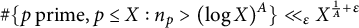 number sign StartSet p prime comma p less than or equals upper X colon n Subscript p Baseline greater than left parenthesis log upper X right parenthesis Superscript upper A Baseline EndSet much less than Subscript epsilon Baseline upper X Superscript StartFraction 1 Over upper A EndFraction plus epsilon