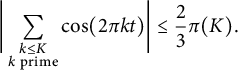 StartLayout 1st Row StartAbsoluteValue sigma summation Underscript StartLayout 1st Row k less than or equals upper K 2nd Row k prime EndLayout Endscripts cosine left parenthesis 2 pi k t right parenthesis EndAbsoluteValue less than or equals two thirds pi left parenthesis upper K right parenthesis period EndLayout