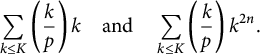 sigma summation Underscript k less than or equals upper K Endscripts left parenthesis StartFraction k Over p EndFraction right parenthesis k and sigma summation Underscript k less than or equals upper K Endscripts left parenthesis StartFraction k Over p EndFraction right parenthesis k Superscript 2 n Baseline period