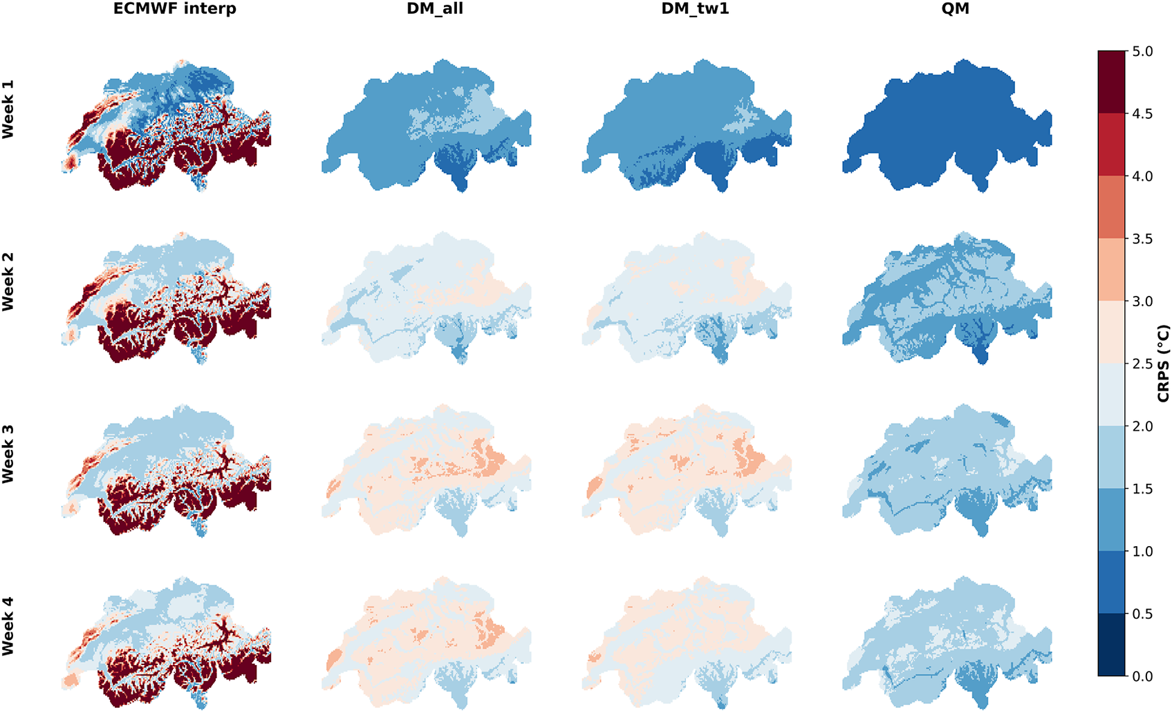 A 4 by 4 grid of maps showing C R P S values for Switzerland across four weeks and four models. See long description.