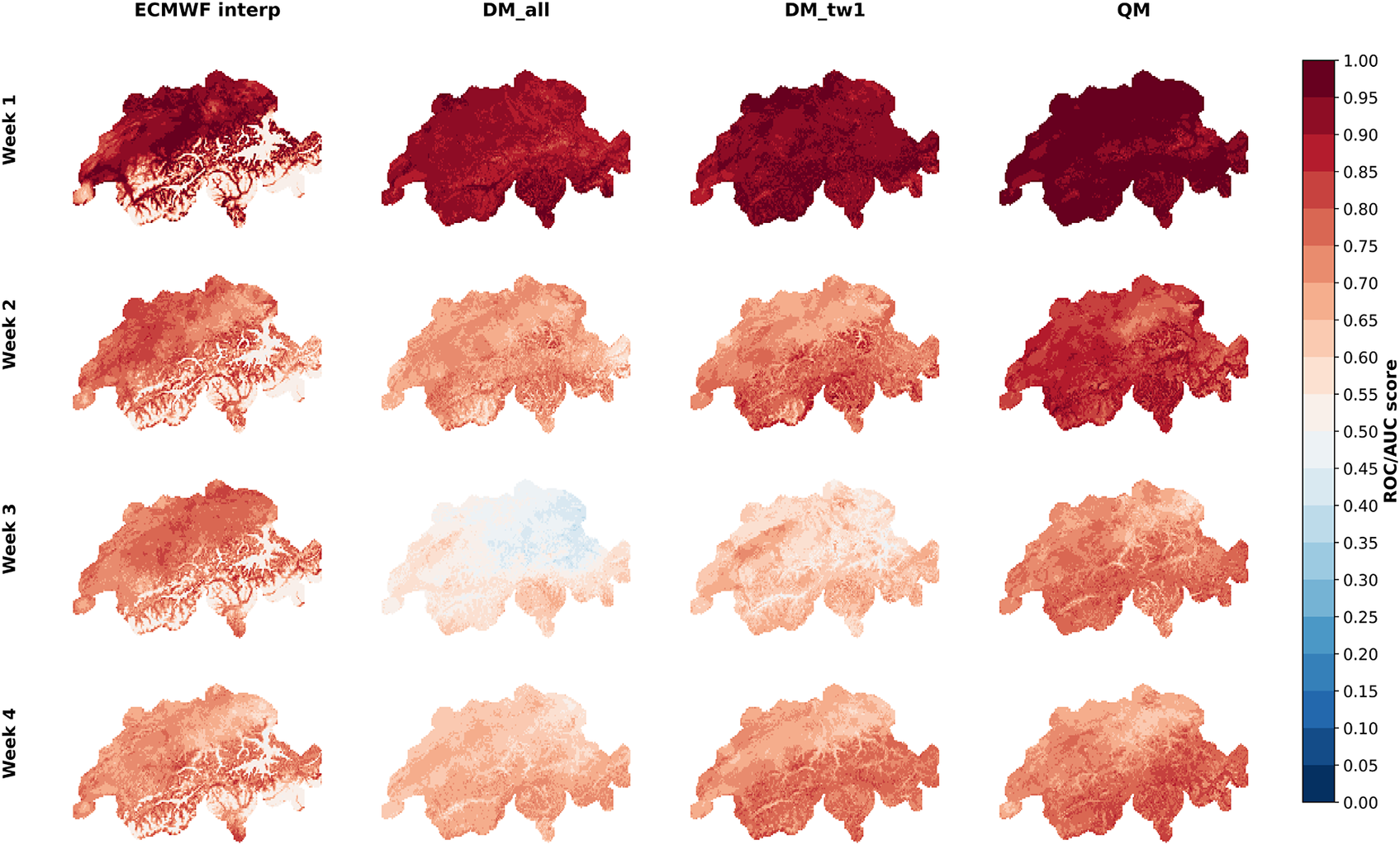 A 4 by 4 grid of geographical maps showing R O C forward slash A U C scores for extreme events across Switzerland over four weeks using four different models. See long description.