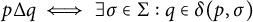 p normal upper Delta q long left right double arrow there exists sigma element of normal upper Sigma colon q element of delta left parenthesis p comma sigma right parenthesis