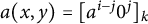 a left parenthesis x comma y right parenthesis equals left bracket a Superscript i minus j Baseline 0 Superscript j Baseline right bracket Subscript k
