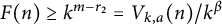 upper F left parenthesis n right parenthesis greater than or equals k Superscript m minus r 2 Baseline equals upper V Subscript k comma a Baseline left parenthesis n right parenthesis divided by k Superscript beta